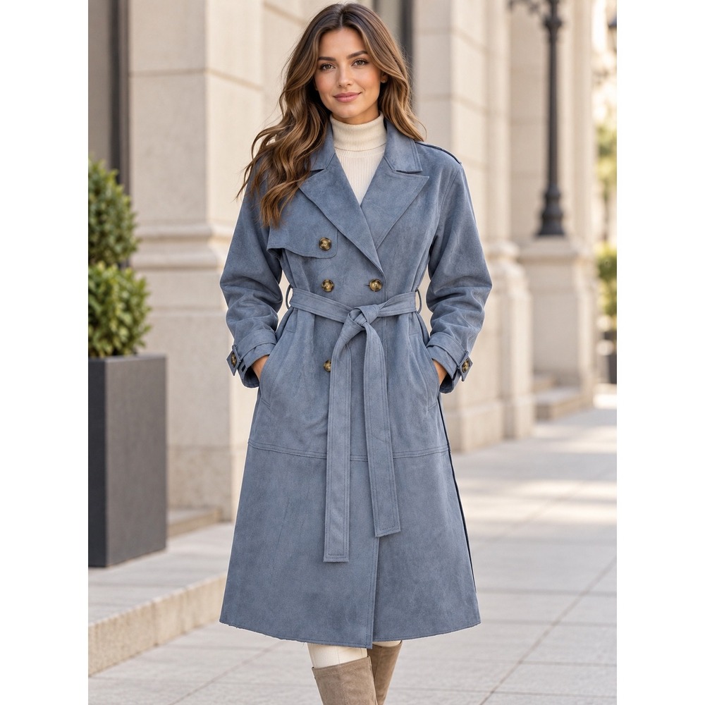 Truth by Republic Blue Shadow Faux Suede Double Breasted Belted Trench Coat M
